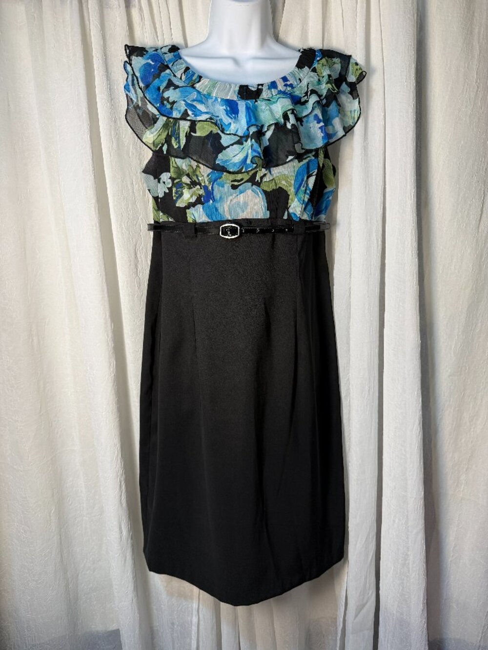 AB STUDIO Size 12 Sheath Dress Black Blue & Green Floral Ruffled Sleeveless Belt